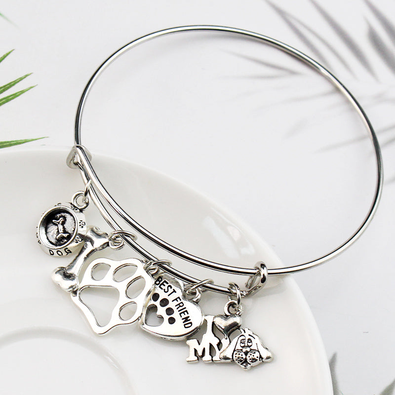I Love My Dog Charm Bangle Bracelet with Paw Print