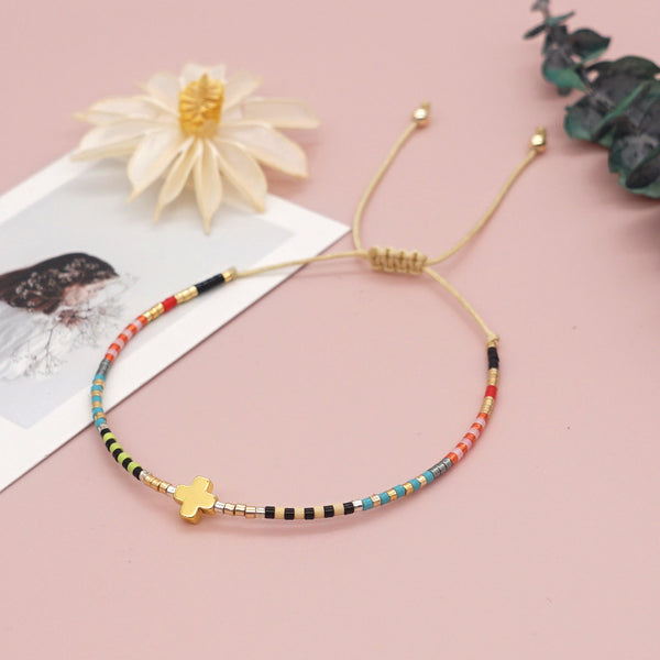 Handmade Rainbow Beaded Cross Stacked Bracelet