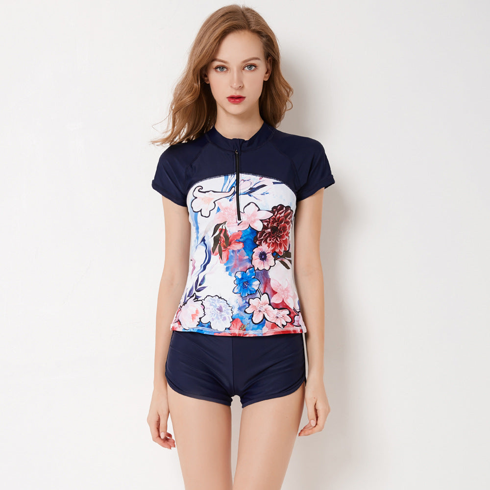 Floral Short-Sleeve Swim Top and Shorts Set