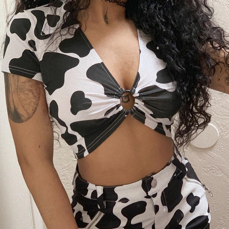 V-Neck Short Sleeve Cow Print Crop Top with Cutout Ring