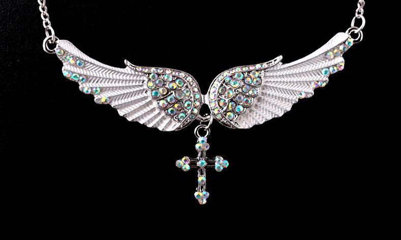 Angel Wings Cross Pendant Necklace with Crystals