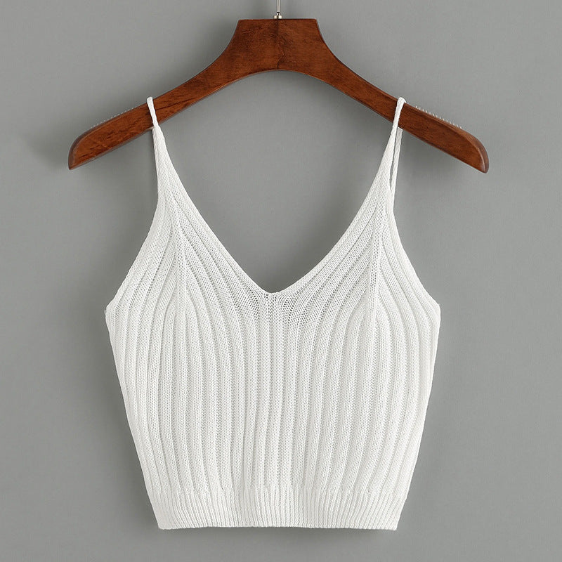 Solid Color Knit Tank Top with V-Neck Design