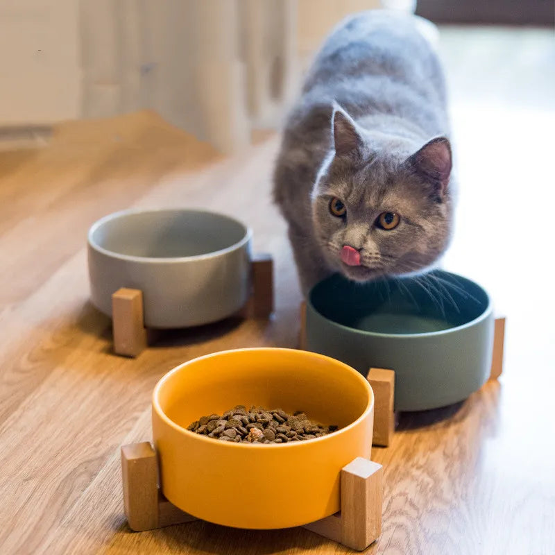 Ceramic Raised Pet Bowl with Wooden Stand, Anti-Slip Elevated Food and Water Dish for Cats and Dogs, Dishwasher Safe
