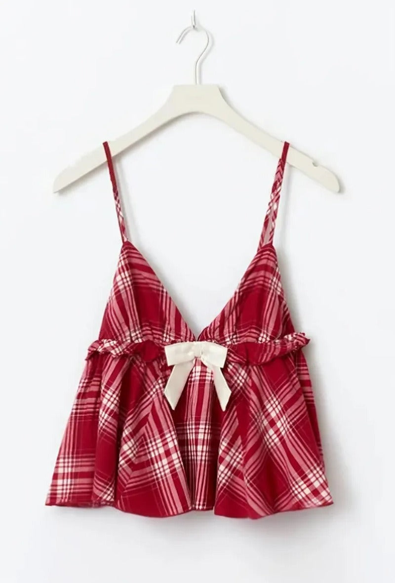 Plaid Bow Tie Camisole Set for Women