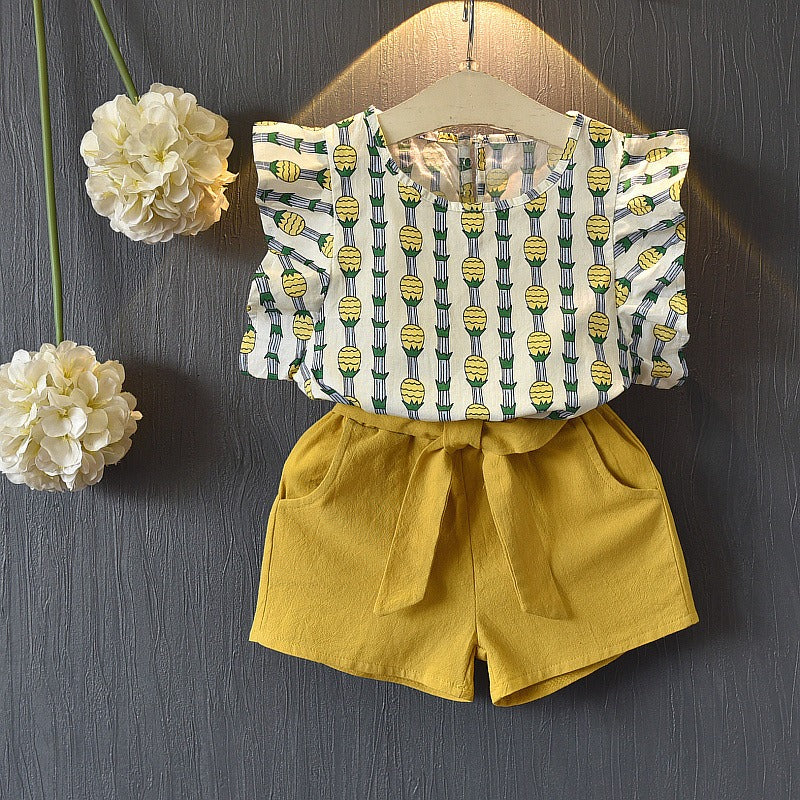 Girls Pineapple Sleeve Shorts Set