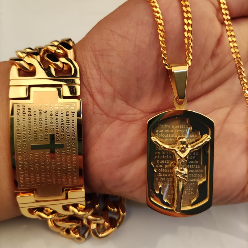 Gold Lord's Prayer Cross Necklace and Bracelet Set | Christian Jewelry