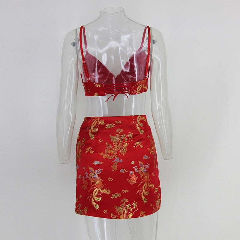 Dragon Brocade Crop Top and Mini Skirt Set
