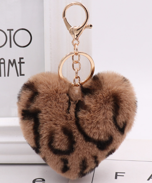 Leopard Print Plush Heart Keychain | Accessory