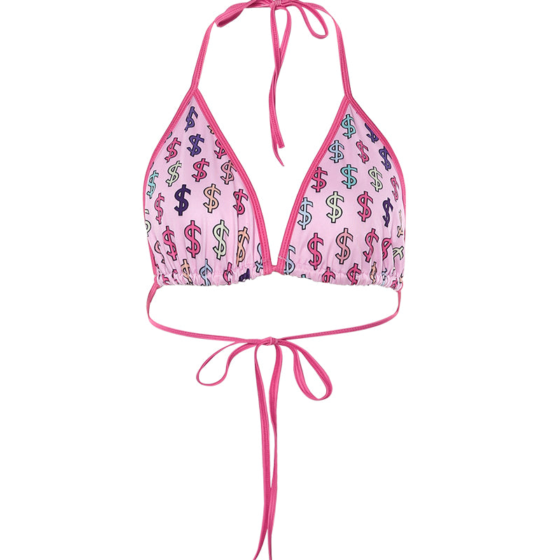 KLIQU Pink Cute Printed Halter Crop Top Tank Top