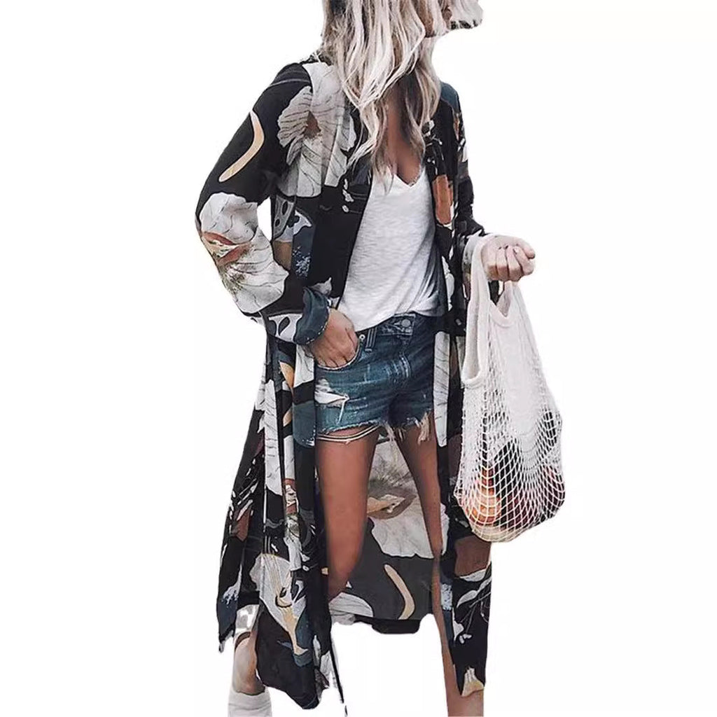Printed Chiffon Cardigan, Long Beach Cover-Up