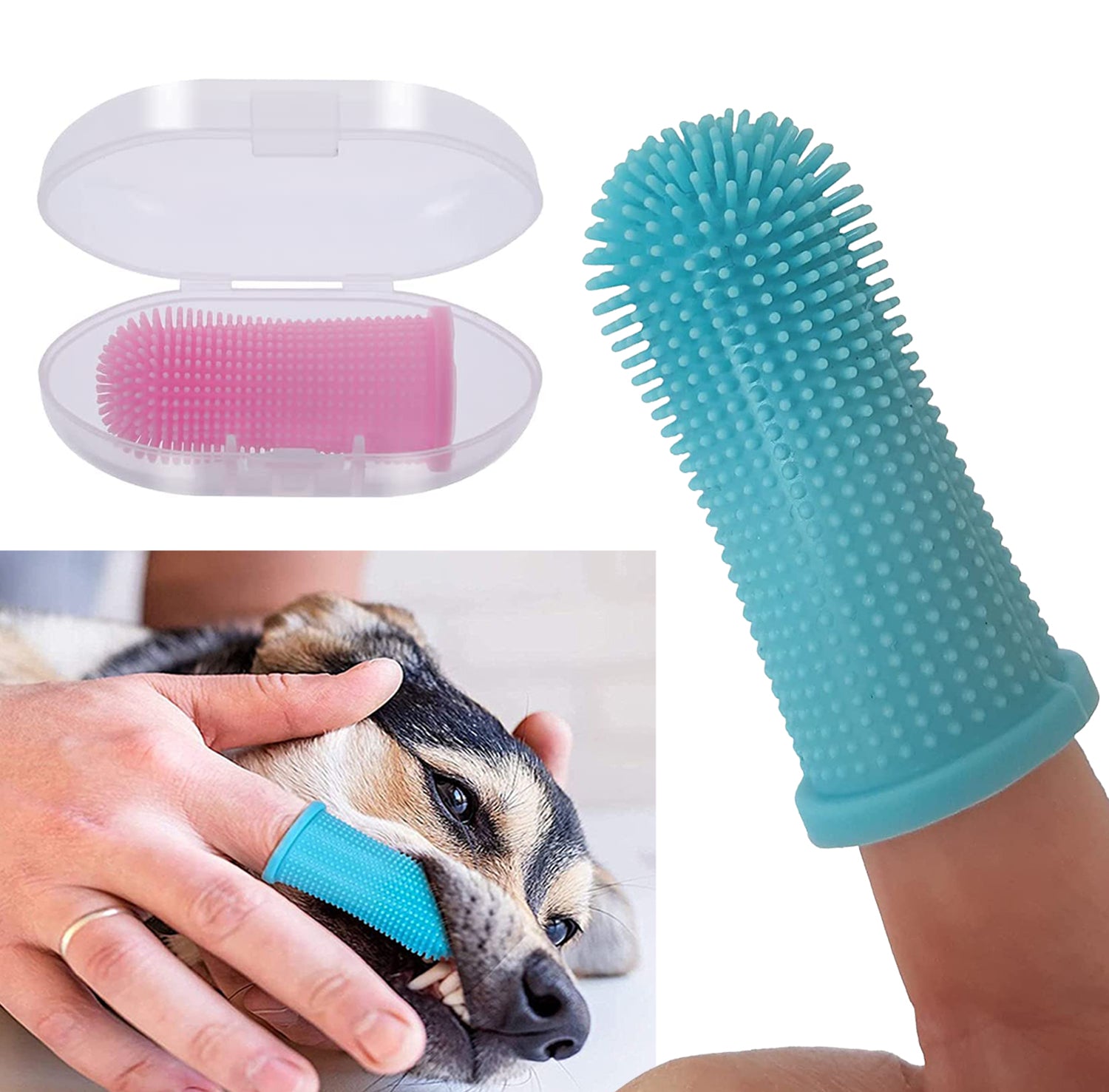 Pet Finger Toothbrush for Dogs & Cats, 360 Soft Silicone Dental Brush with Storage Case, BPA-Free Teeth & Gum Cleaner