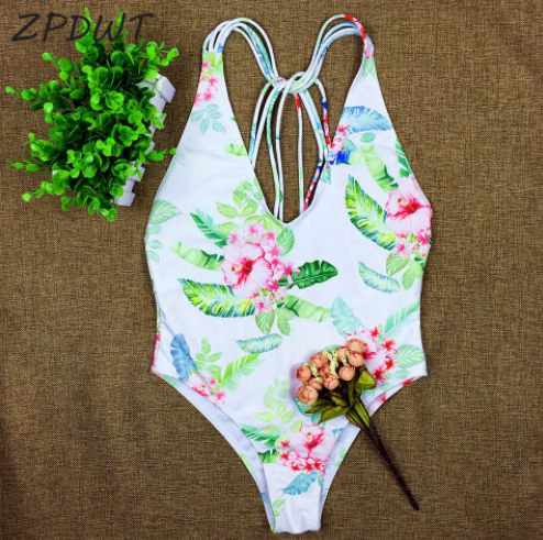 Tropical Floral Deep V Backless One-Piece Swimsuit