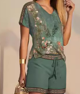 Summer Women's Casual Set: V-Neck Top & Shorts (One Set)
