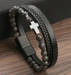Leather Beaded Cross Bracelet