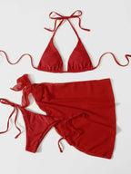 Women's Three-Piece Triangle Bikini Set with Sarong