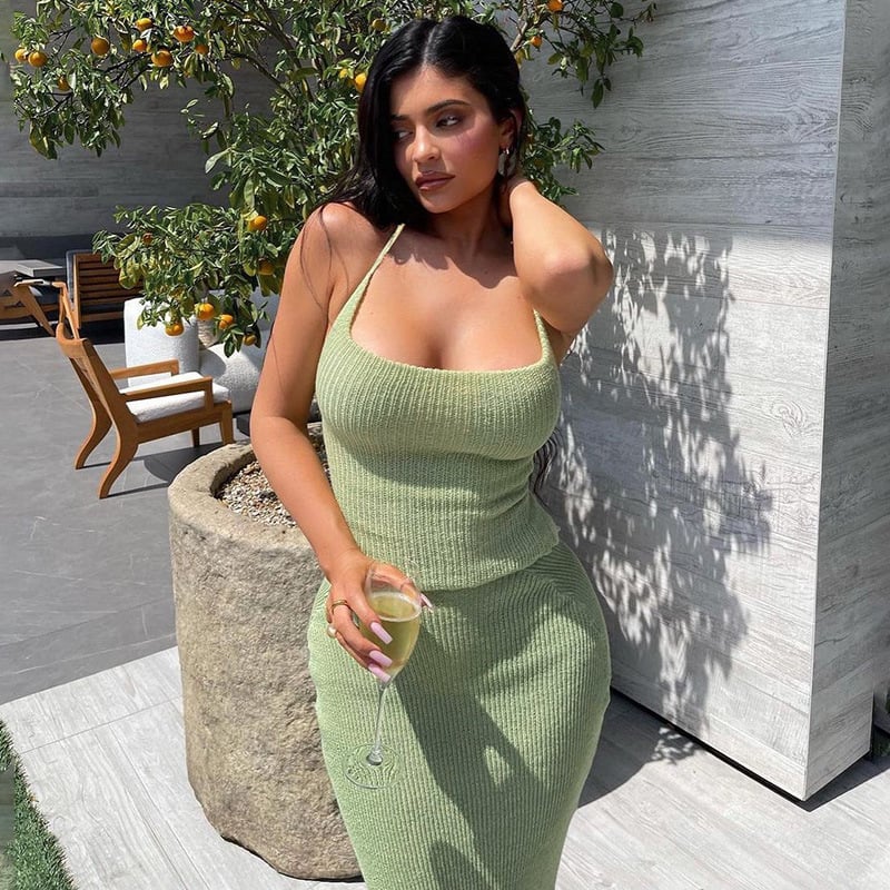 Ribbed Knit Spaghetti-Strap Bodycon Midi Dress