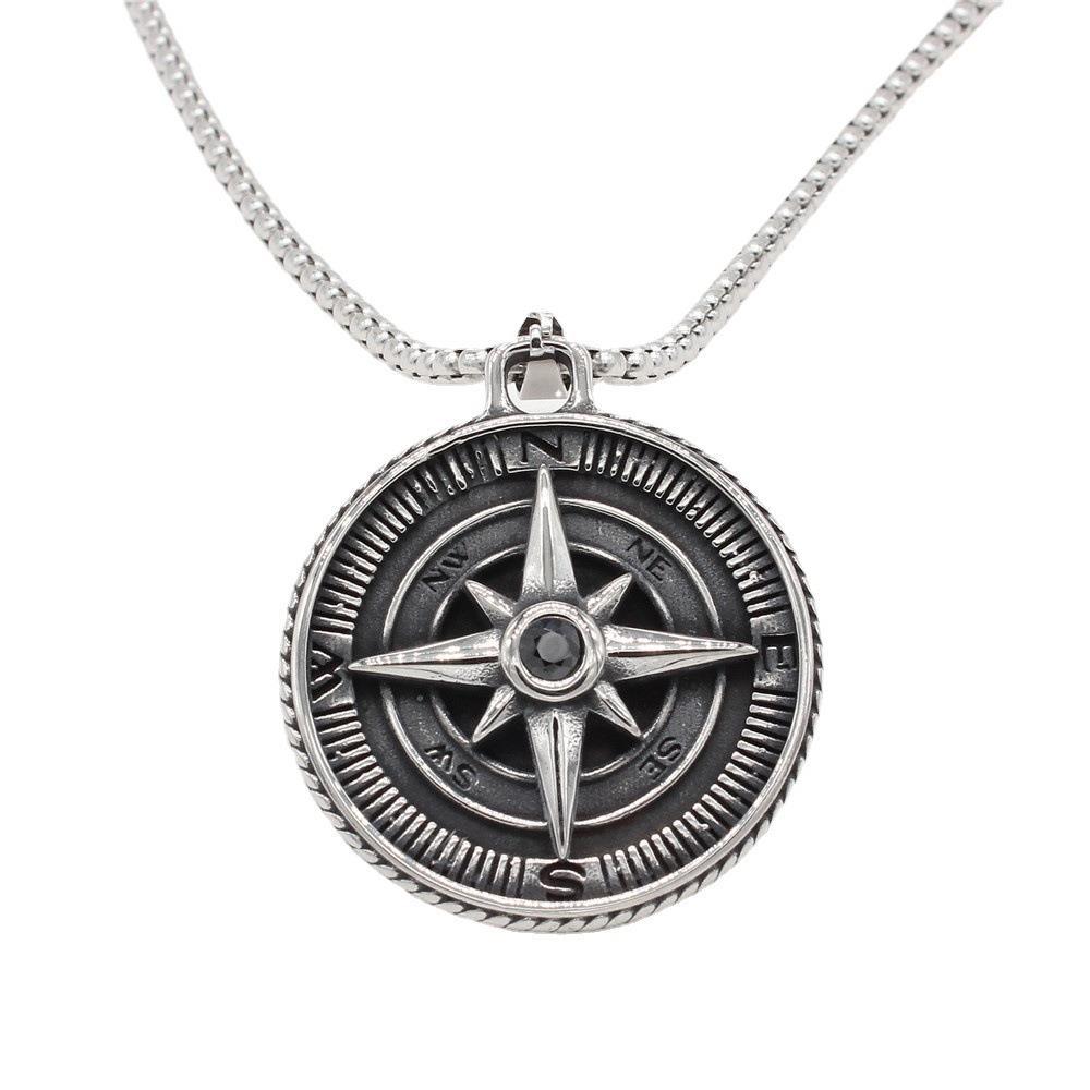 Vintage Cross Compass Round Card Titanium Steel Necklace