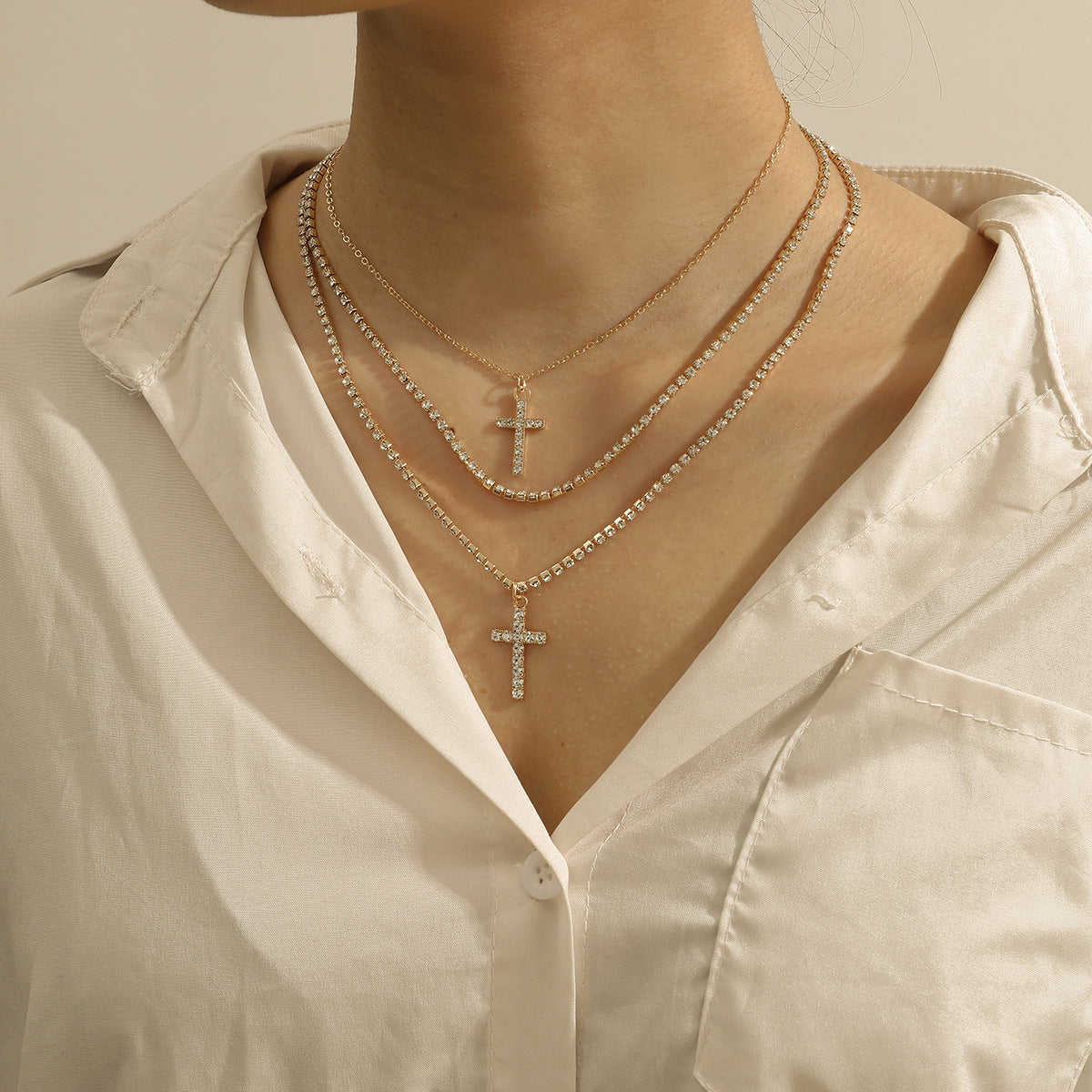 Creative Cross Necklace with Glass Rhinestones Layers