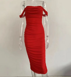 Off-Shoulder Ruched Bodycon Midi Dress
