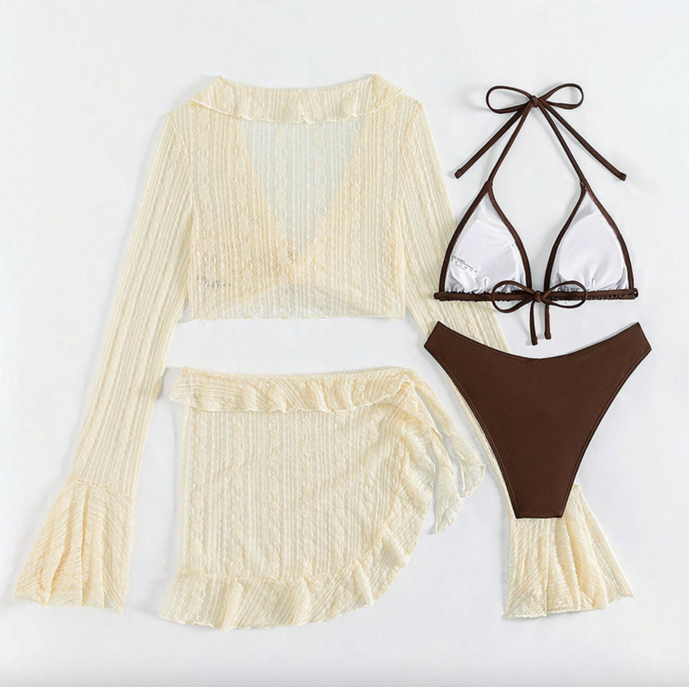 Brown Halter Bikini with Lace Cover-Up and Skirt Set