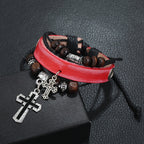Leather Cross Beaded Charm Bracelet