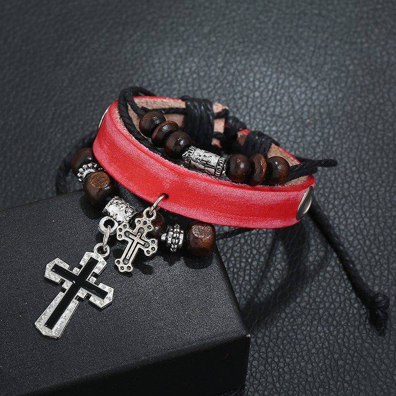Leather Cross Beaded Charm Bracelet