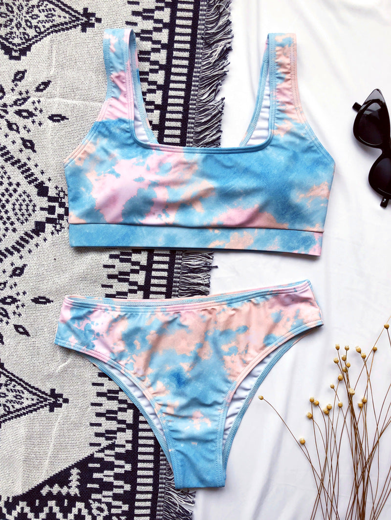 Pink Blue Tie-Dye Scoop Bikini Set