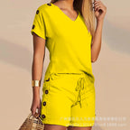 2023 Women's V-Neck Top and Shorts Casual Set