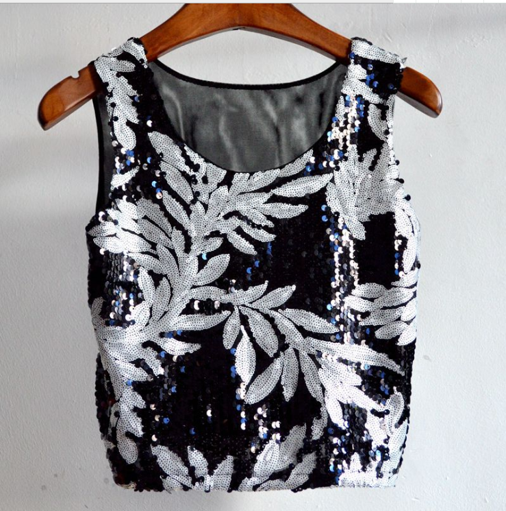 Color Block Leaf Sequin Tank Top for Nightclubs