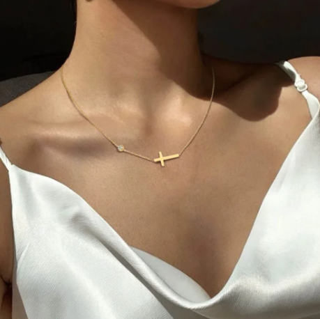 18K Gold Plated Cross Necklace with Rhinestones