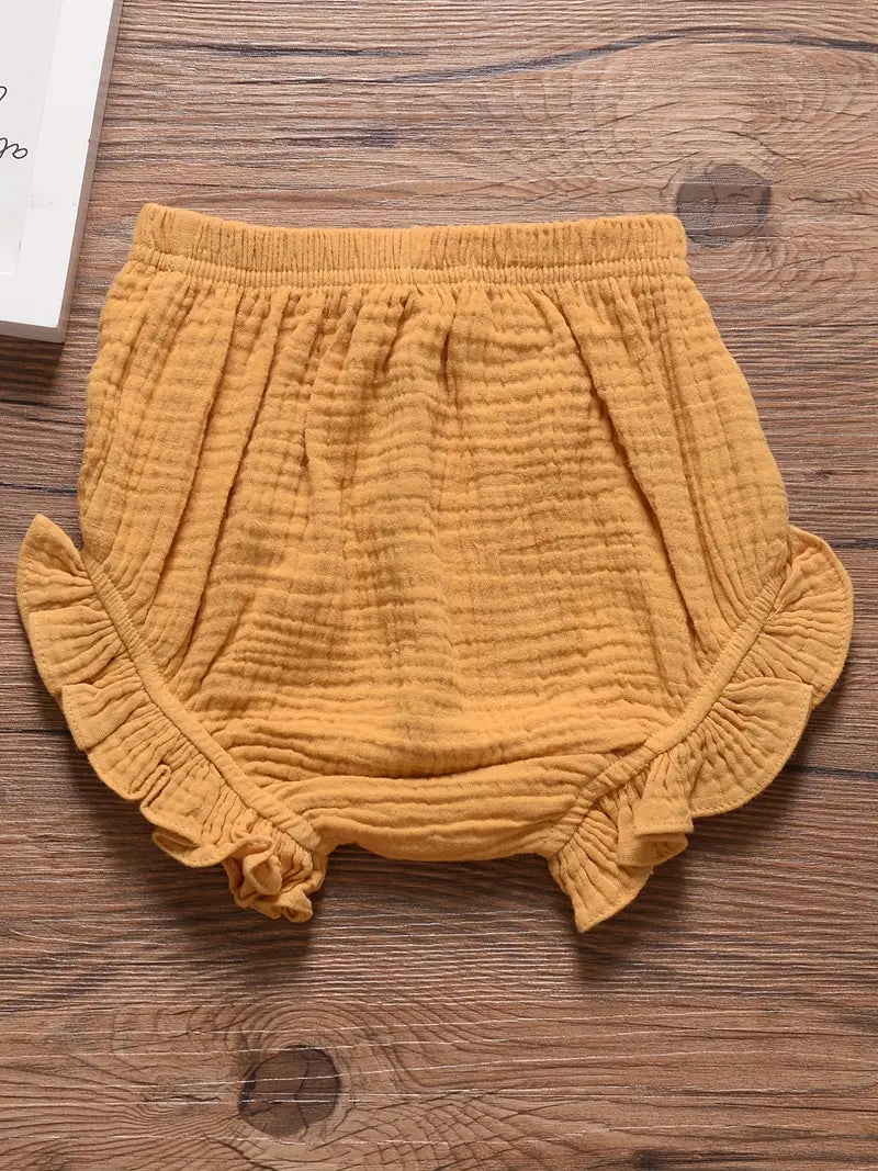 Casual Plain Color Ruffle Trim Shorts for Baby Girls