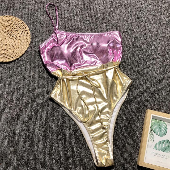 Metallic Pink and Gold High-Cut One-Piece Swimsuit