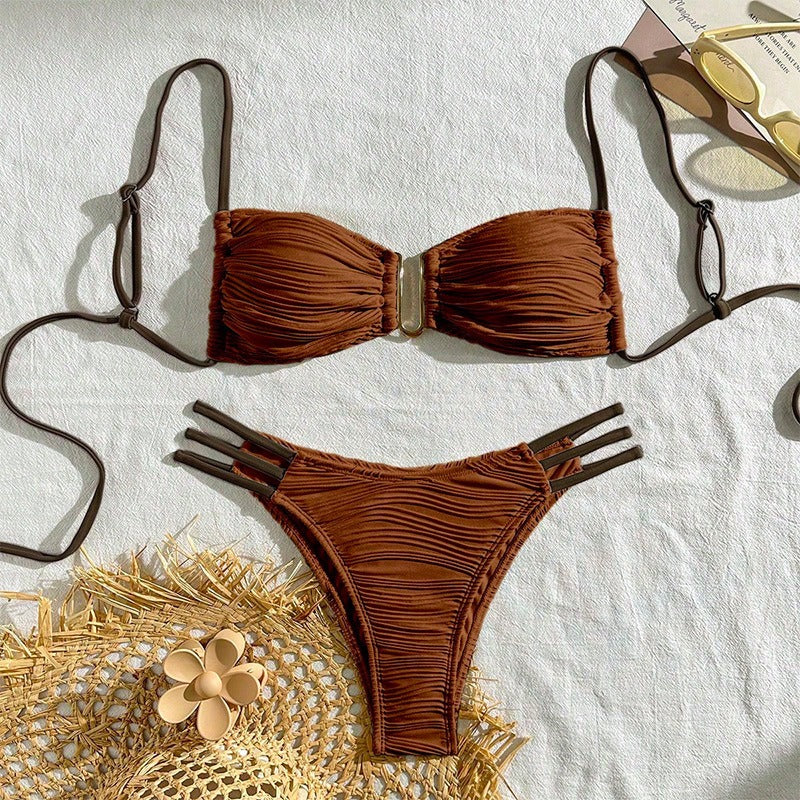 Cream Textured Bandeau Bikini Set