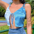 Casual Blue Satin V-neck Crop Top for Women