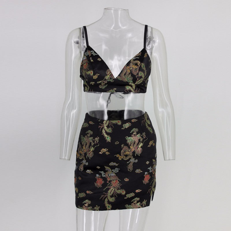 Dragon Brocade Crop Top and Mini Skirt Set