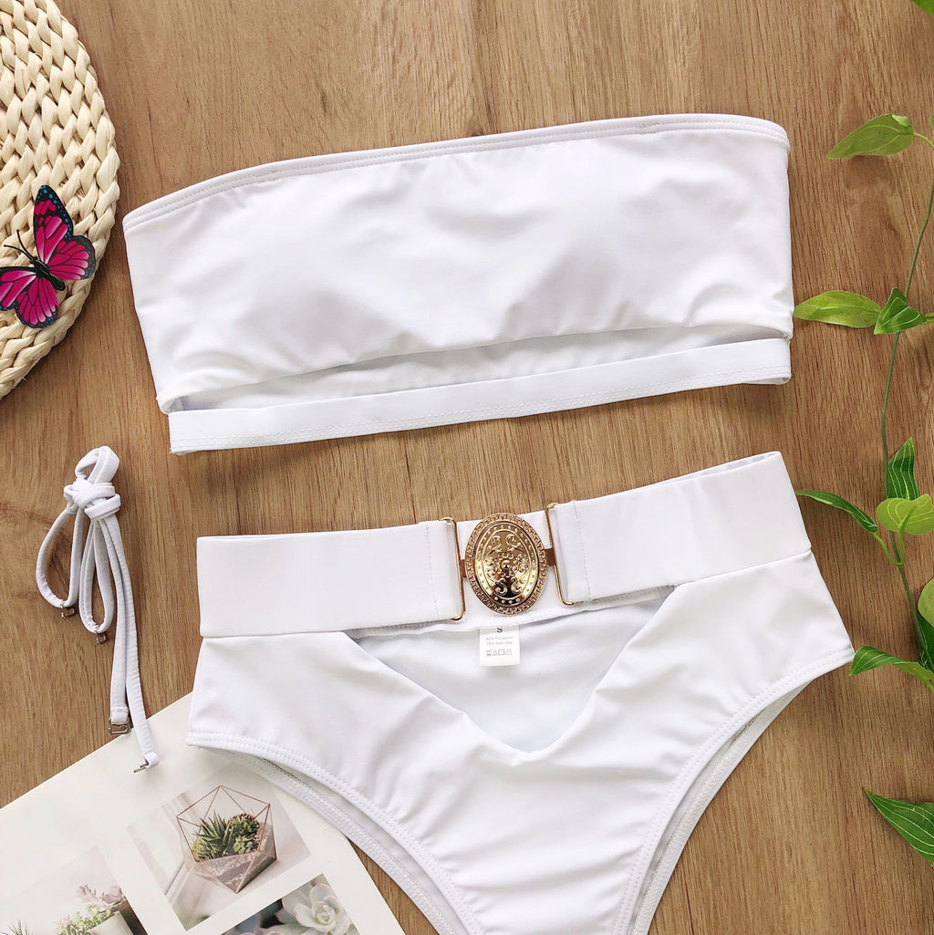 Metal Buckle Strapless Bandeau Bikini Set