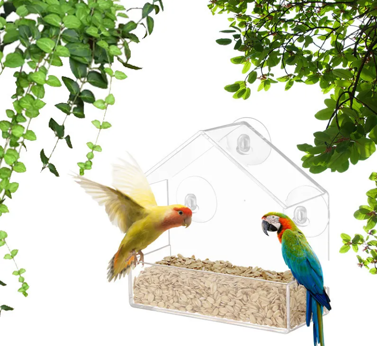 Clear Acrylic Window Bird Feeder with Strong Suction Cups House-Shaped Transparent See-Through Seed Tray for Close-Up Bird Watching