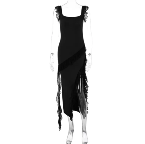 Asymmetric Ruffle High-Slit Midi Dress