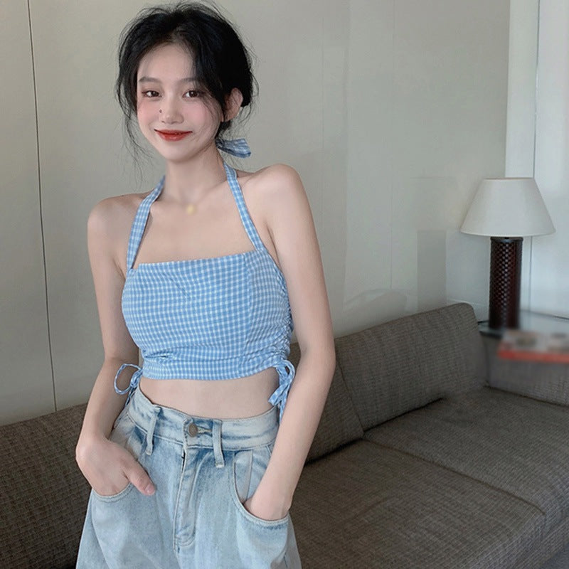 Plaid Lace-Up Tank Top for Women - Slim Fit Camisole