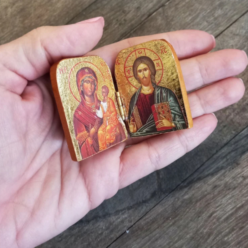 Wooden Christ & Virgin Mary Icon Diptych | Christian Home Decor