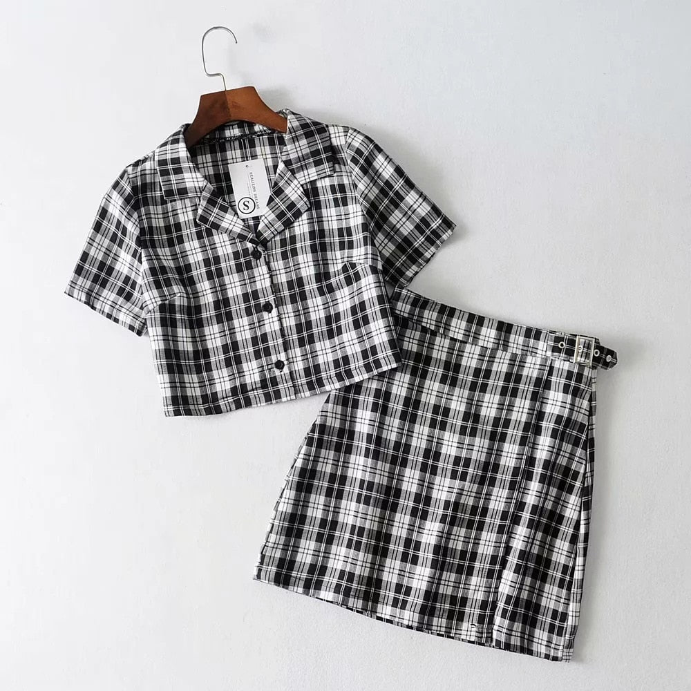 Vintage Plaid Crop Top A-Line Skirt Set