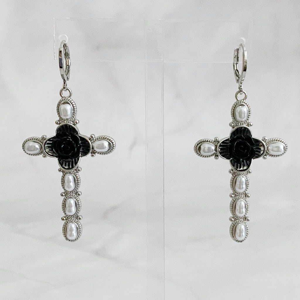 Black Rose Cross Pearl Drop Earrings