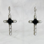 Black Rose Cross Pearl Drop Earrings