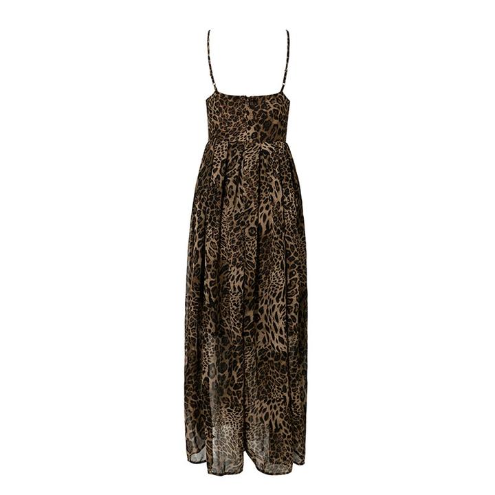 Leopard Print V-Neck Maxi Dress with Spaghetti Straps