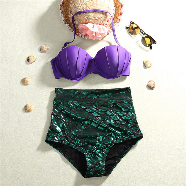 Purple and Green High-Waist Bikini Set