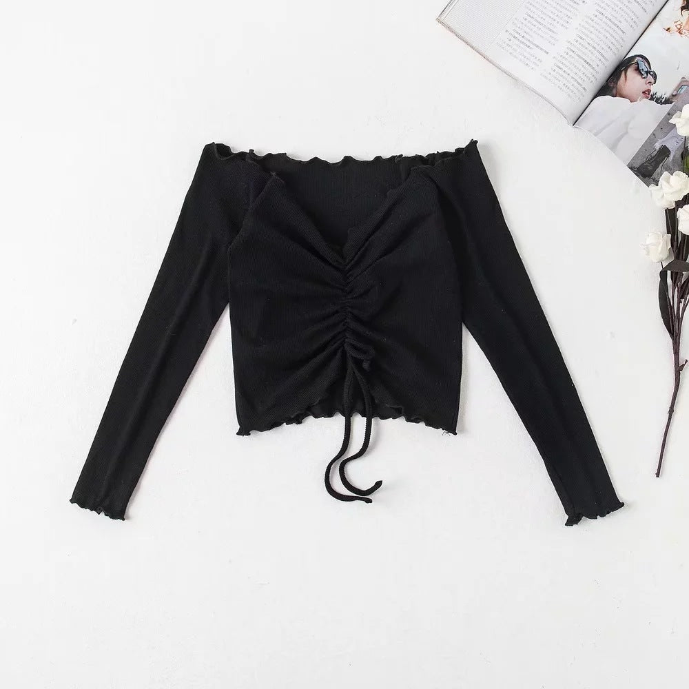 Long Sleeve Crop Top with Ruching and Off-Shoulder Design