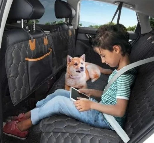3-in-1 Dog Car Seat Cover, Waterproof Quilted Back Seat Hammock with Mesh Window & Storage Pockets, Machine Washable