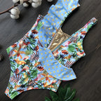 Tropical Bird Print Ruffle One-Piece Swimsuit
