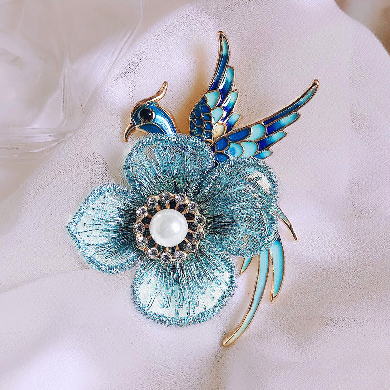 Handmade Embroidered Brooch with Enamel Bird