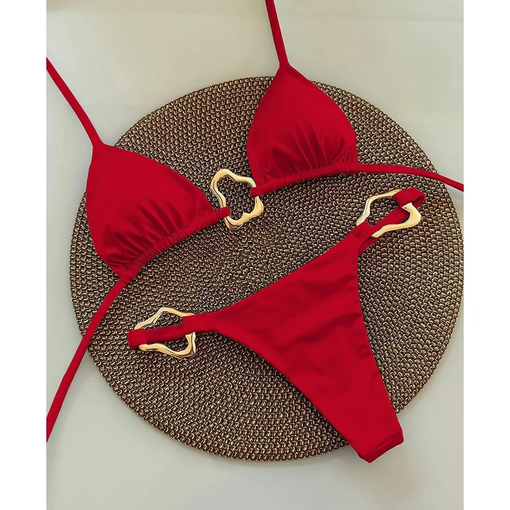 Red Triangle Bikini Set with Gold Accents